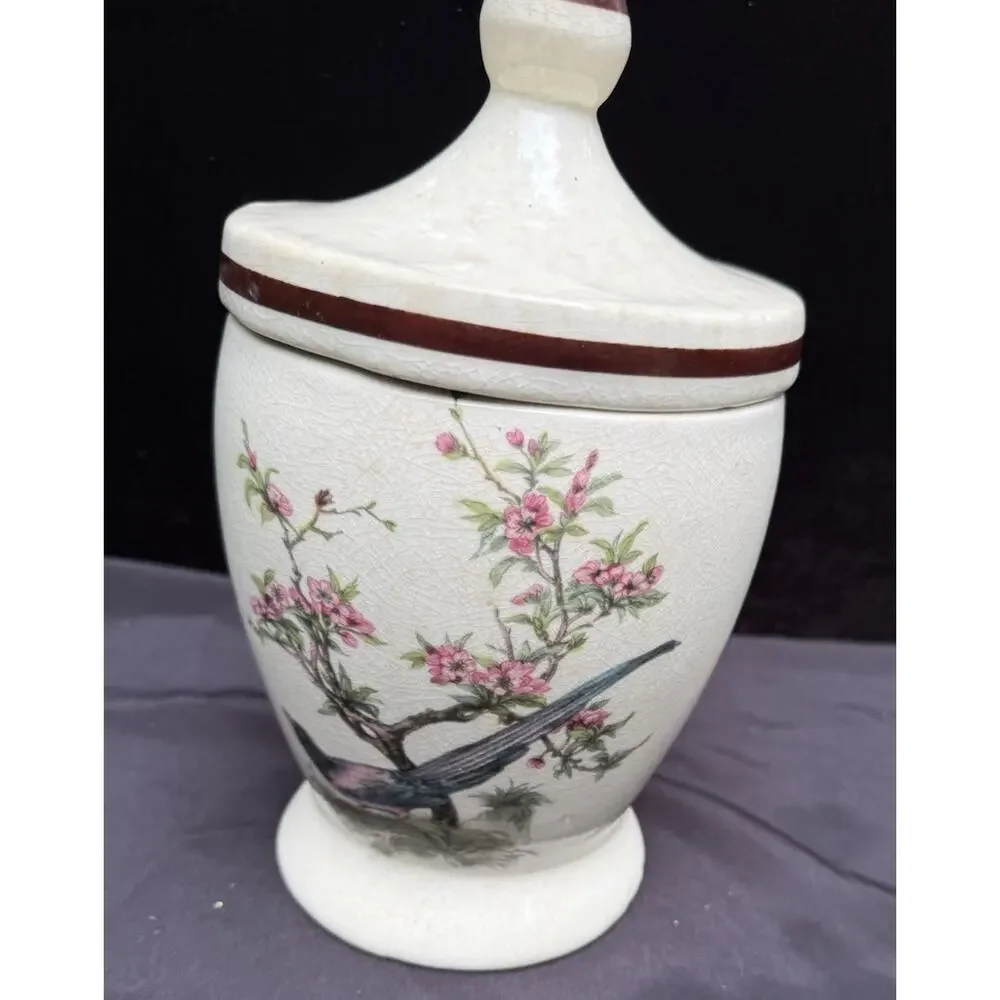 Antique Porcelain Jar & Lid With Bird & Cherry Blossom Tree Marked USA